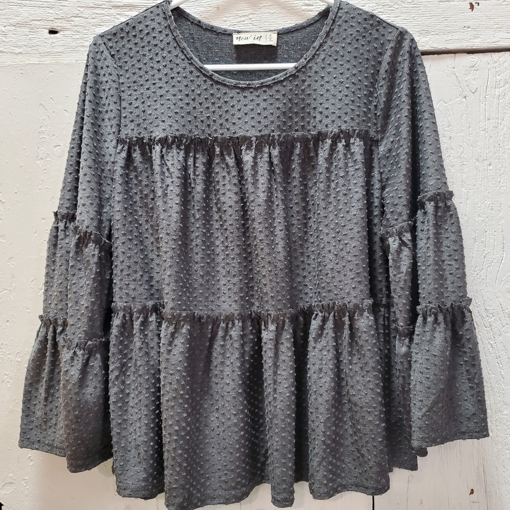 3/$20 New In Charcoal Ruffled Bell Sleeve Blouse Swiss Dot Boho NWOT SMALL